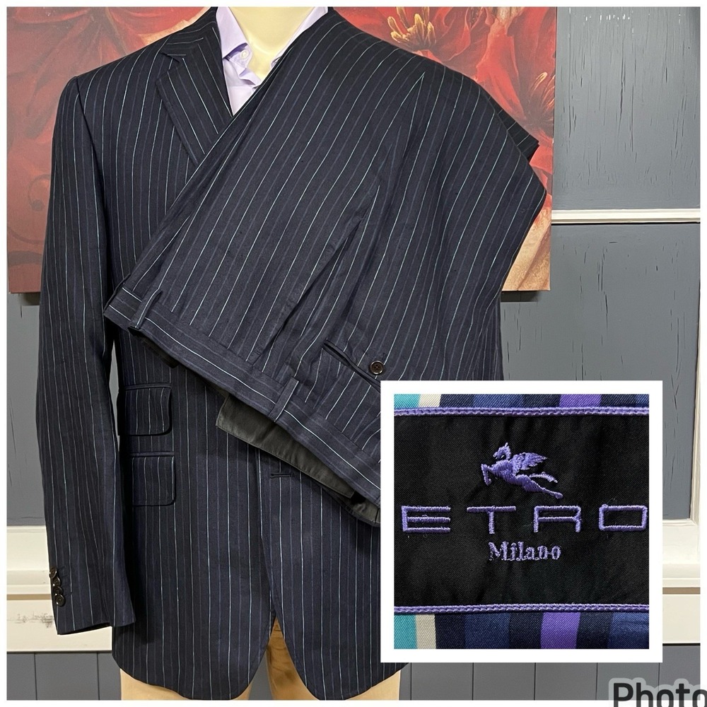 Etro Linen Suit Mens (Actual Sz‎ 44R) Pants 37x28 Dark Navy/Teal 3Button Striped